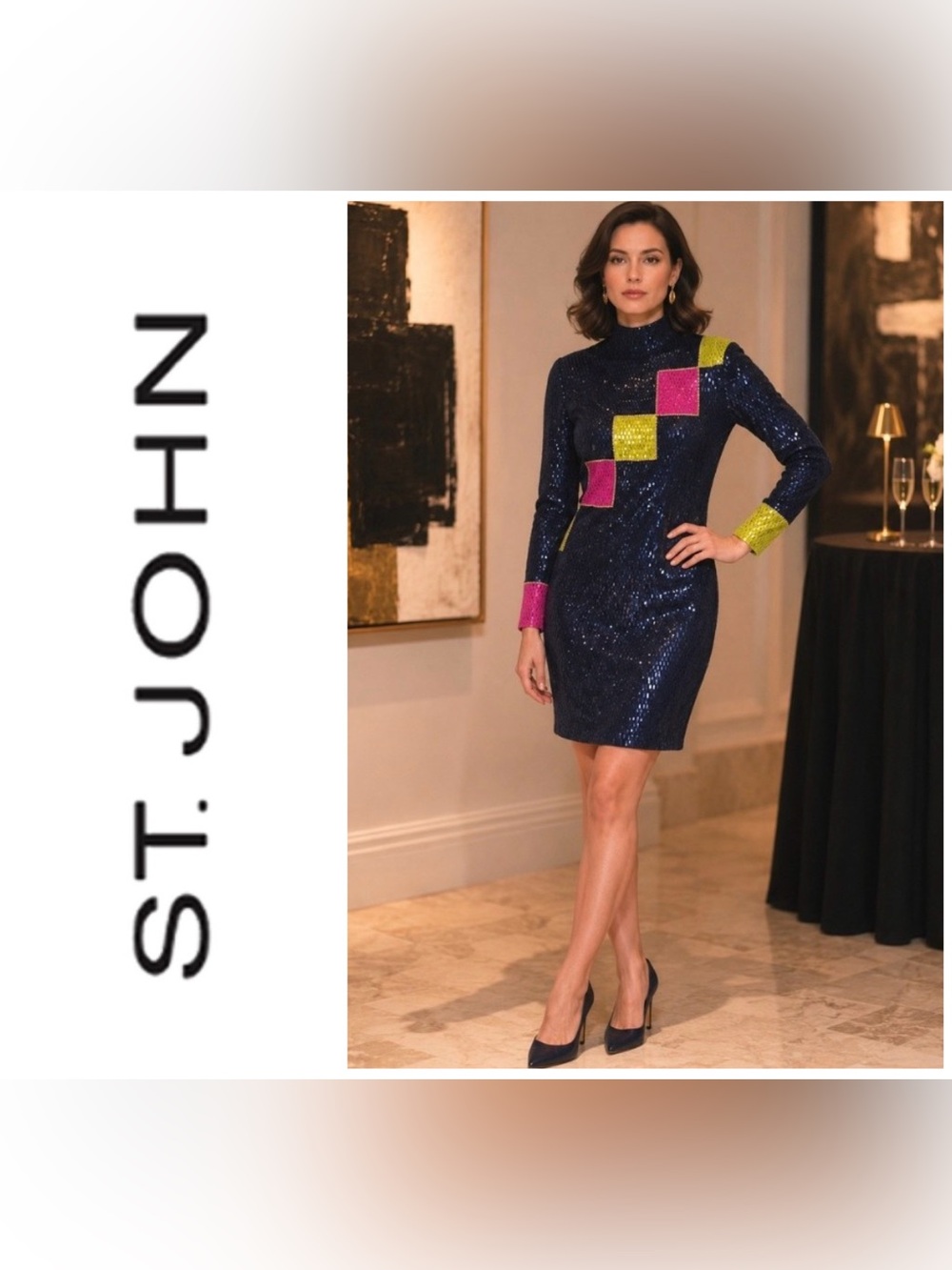 Vintage St. John by Marie Gray navy knit sequin mini dress with argyle pattern